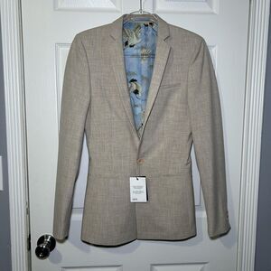 ASOS Suit Jacket Blazer Men's 34 Beige Slim Fit Stretch Bird Print Lining NWT
